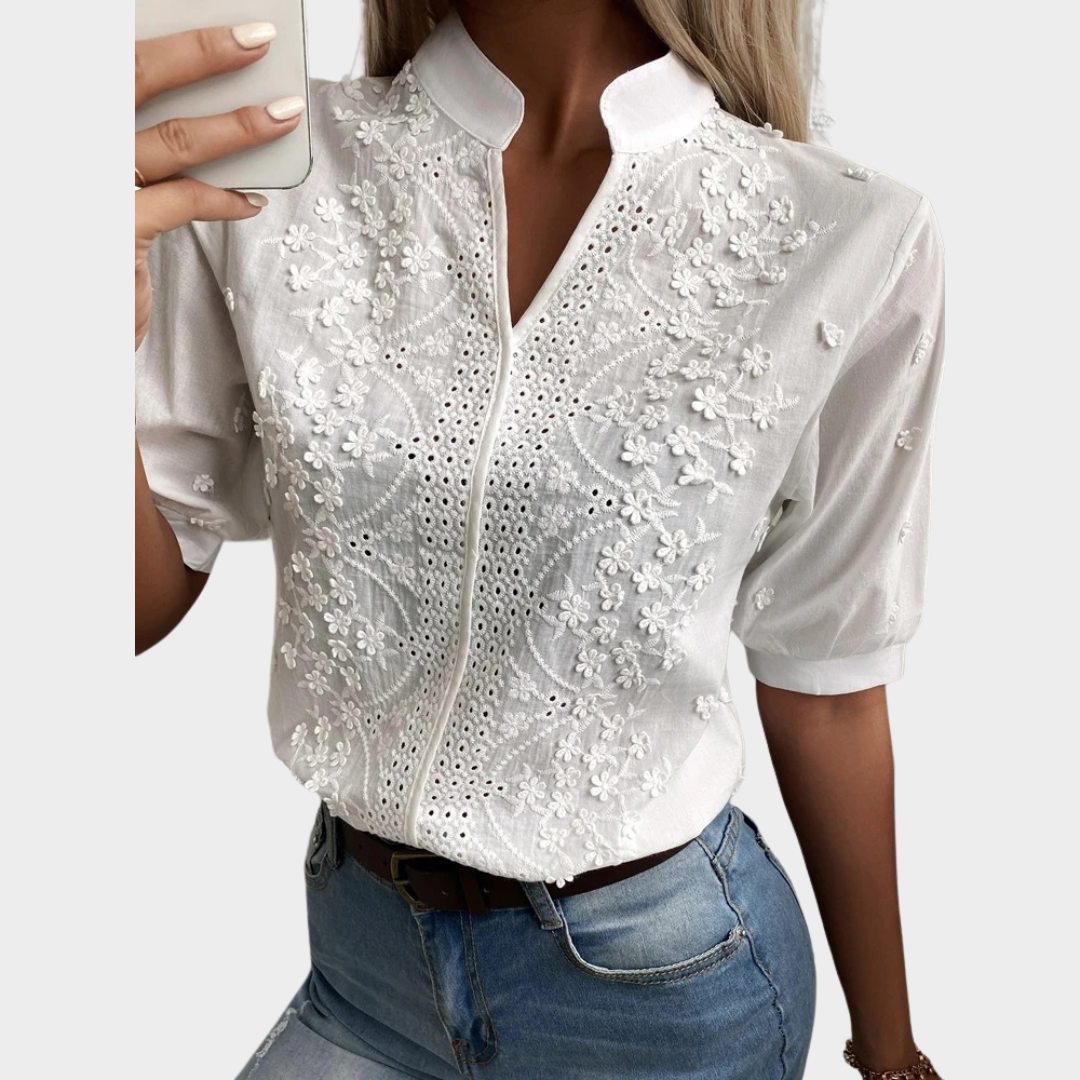 Women’s Short Sleeve V-Neck Lace Blouse – Elegant Floral Embroidery with Hollow Out Detail – White