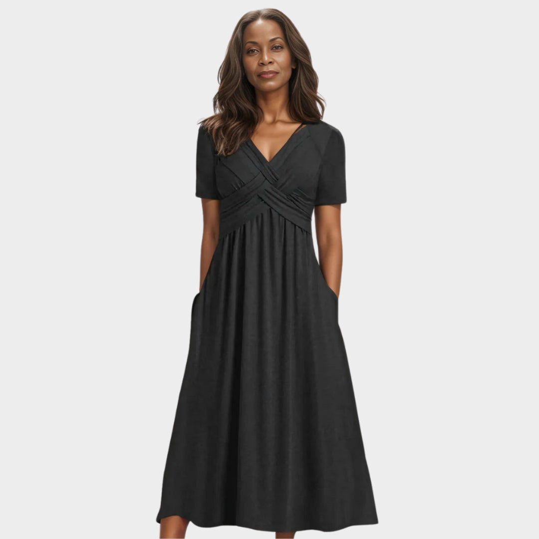 Women's Solid-Colored Summer Dress – V-Neck, Short Shoulder Sleeves, Casual Fit, Lightweight Fabric