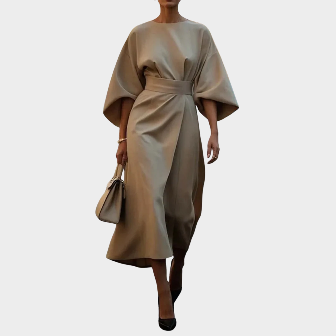 Women’s Elegant Belted Statement Dress – Cape Style Batwing Sleeves with Slim Waist Design – Multiple Colours
