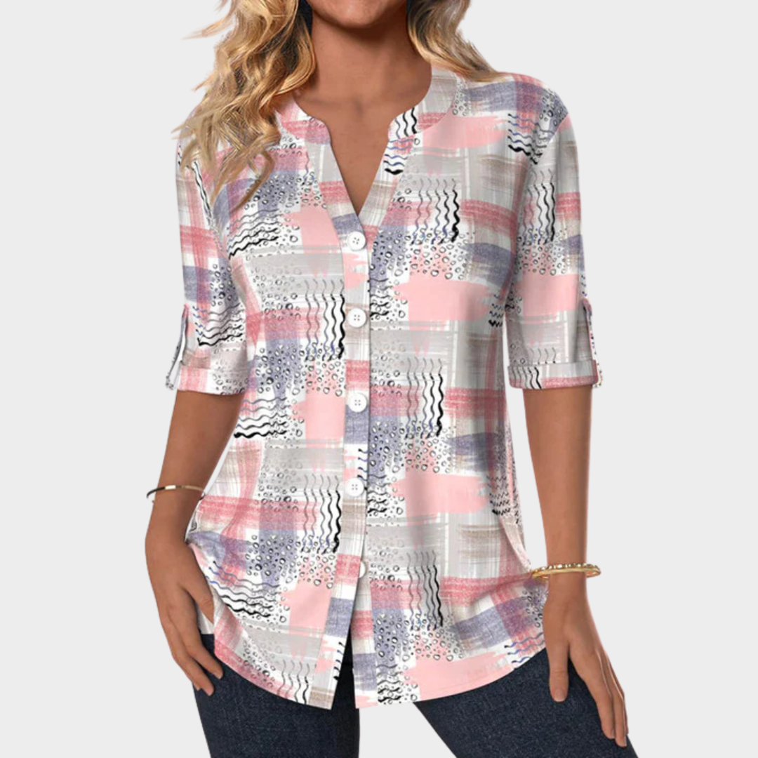 Women's Printed V-Neck Blouse – Half Sleeve Casual Fit with Button Detail – Soft Cotton-Polyester Fabric – Pink