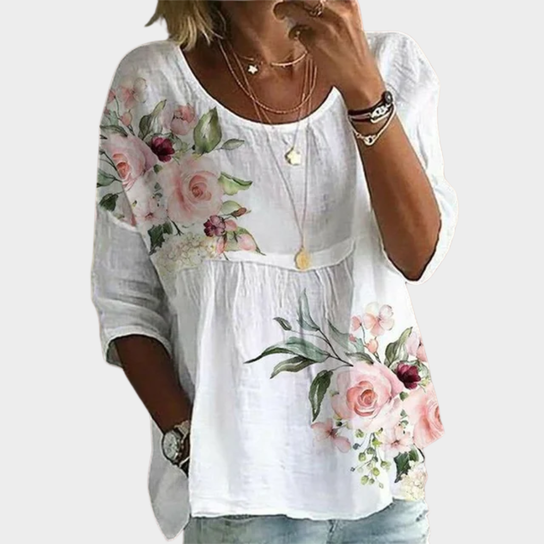 Women’s Floral Print Blouse – Casual Loose Fit Cotton Linen Pullover Top – Crew Neck Vintage Style Shirt – Multiple Colours