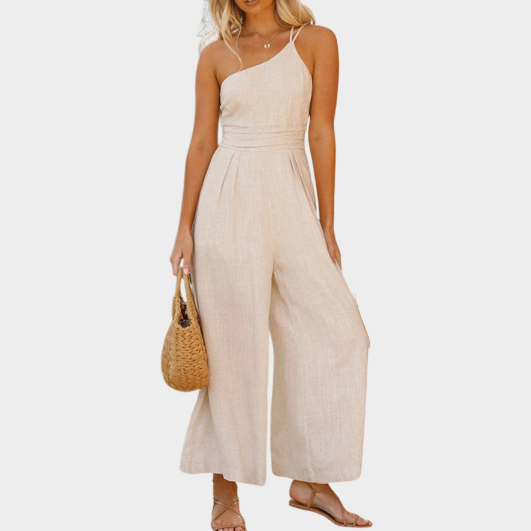 Women’s One-Shoulder Wide-Leg Jumpsuit – Elegant Loose Fit with Cotton-Linen Blend – Lightweight Comfortable Style – Multiple Colours