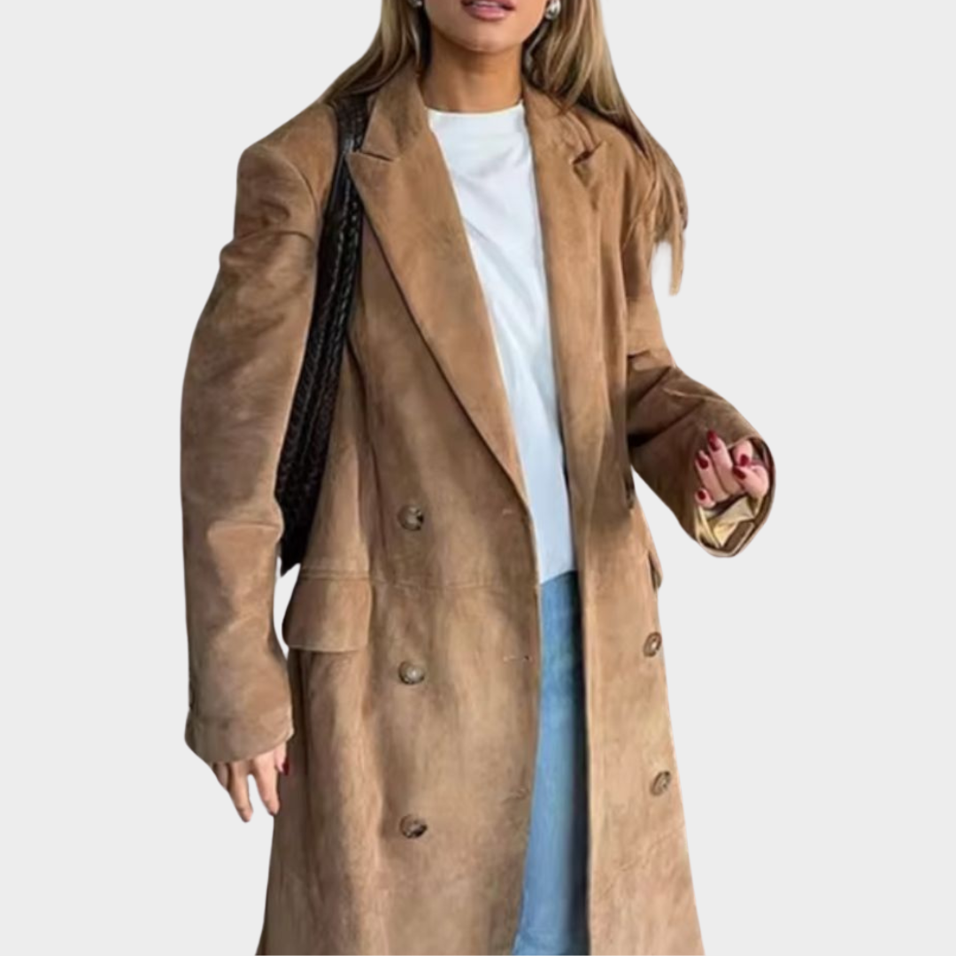 Women's Suede Leather Long Jacket – Button Down – Lapel Collar – Oversized Fit – Long Sleeve – Multiple Colours