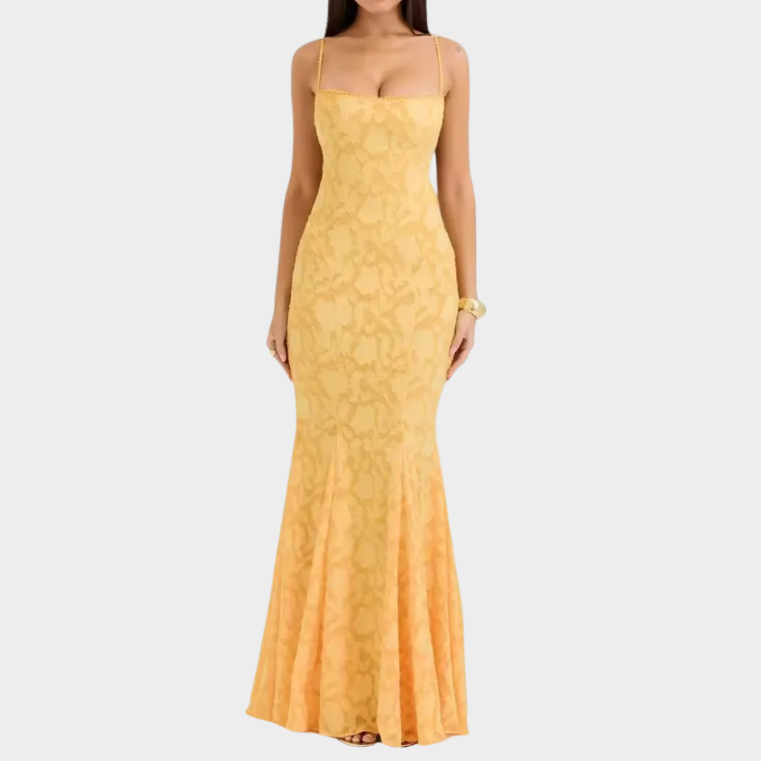 Women’s Strapless Slim Fit Dress – Floral Print Sleeveless Gown with Low Cut Back – Elegant Lightweight Fabric – Yellow