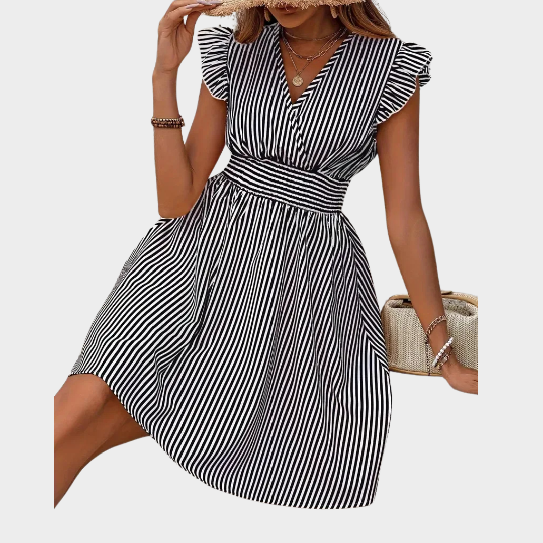 Women’s Printed V-Neck A-Line Dress – High Waist Fit with Ruffle Sleeves and Pleated Skirt – Lightweight Polyester – Multiple Colours