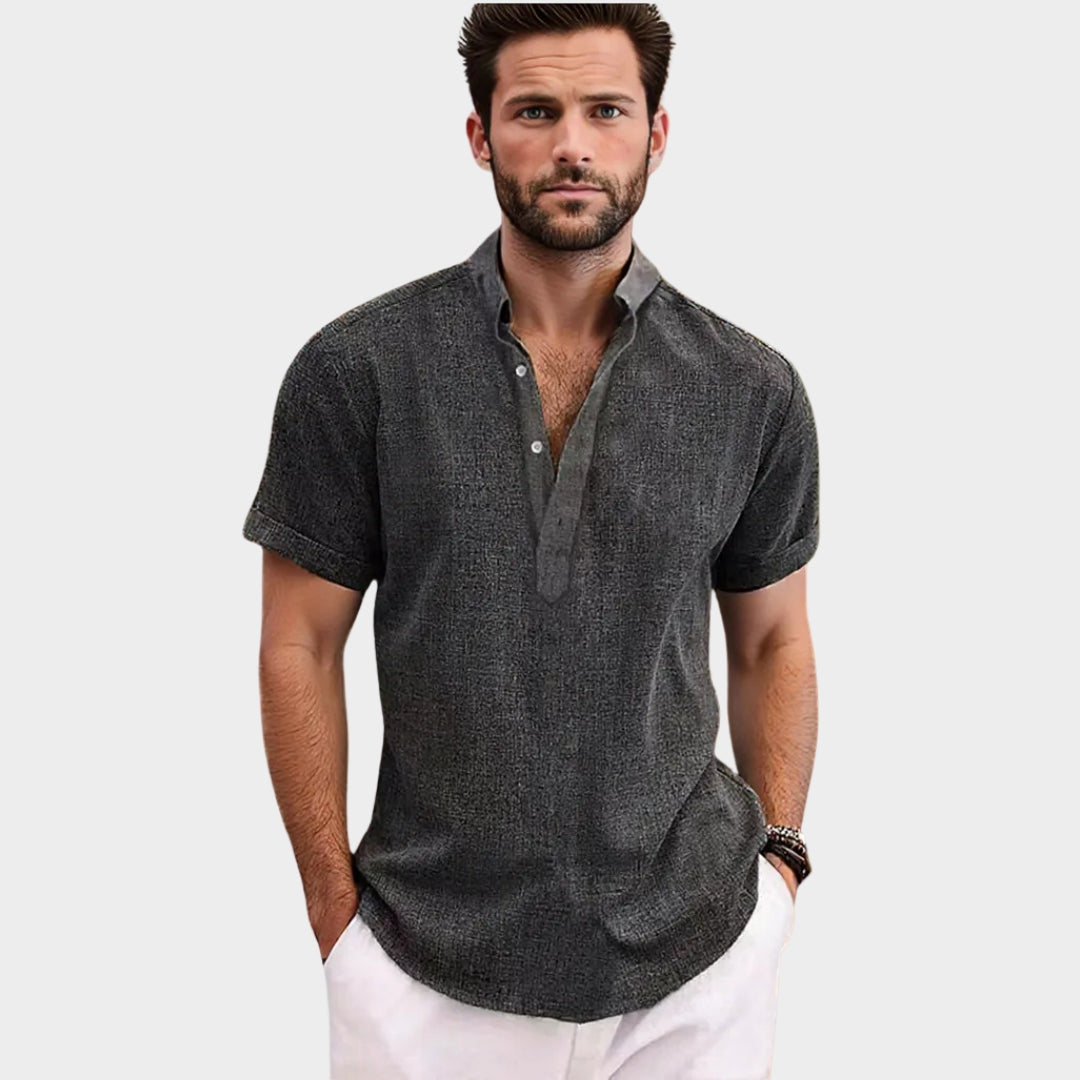 Men's Cotton Linen Short-Sleeve Shirt - Henley Collar - Lightweight & Breathable - Multiple Colours