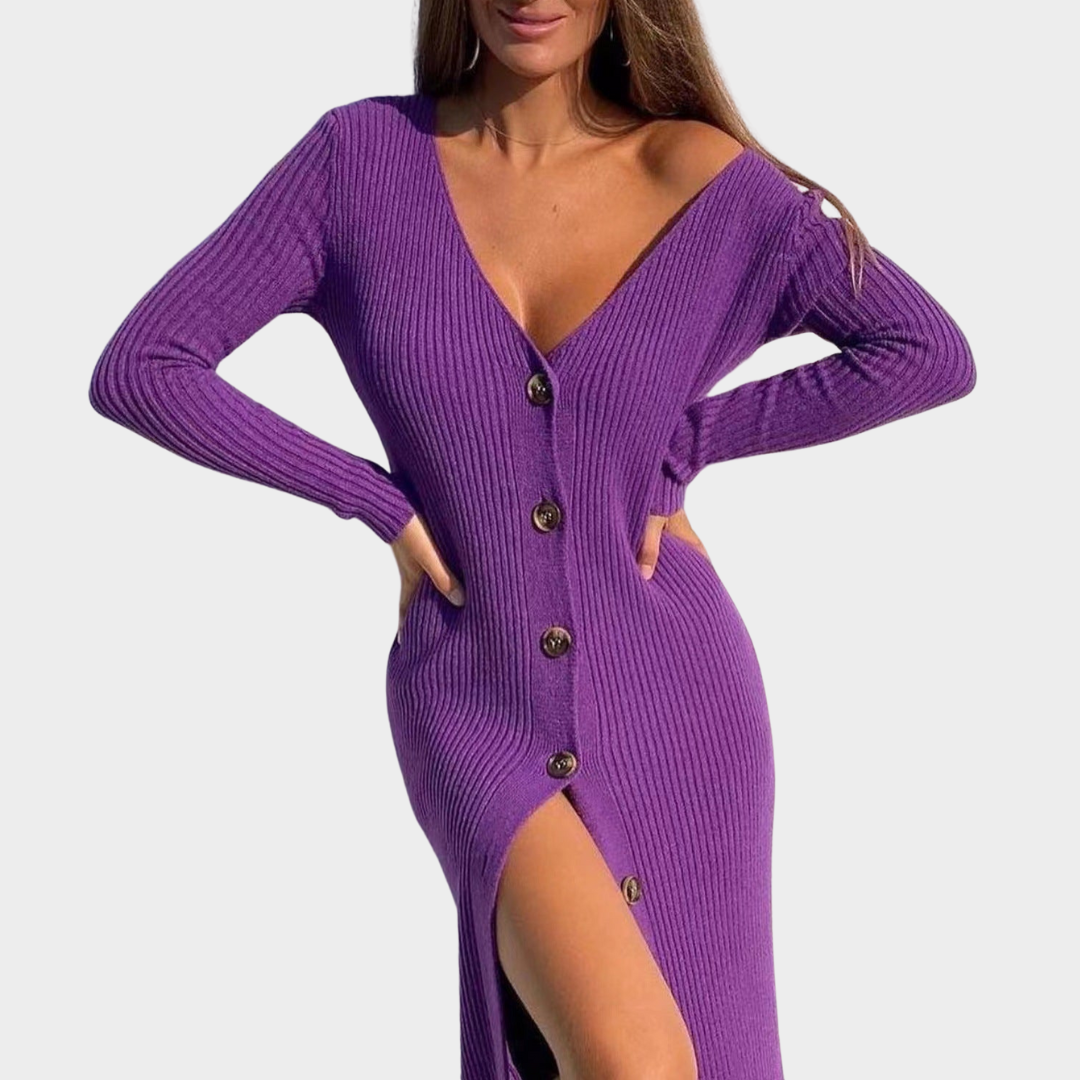 Women's Knitted Sweater Dress – V Neck – Long Sleeve – Bodycon Midi Fit – Purple
