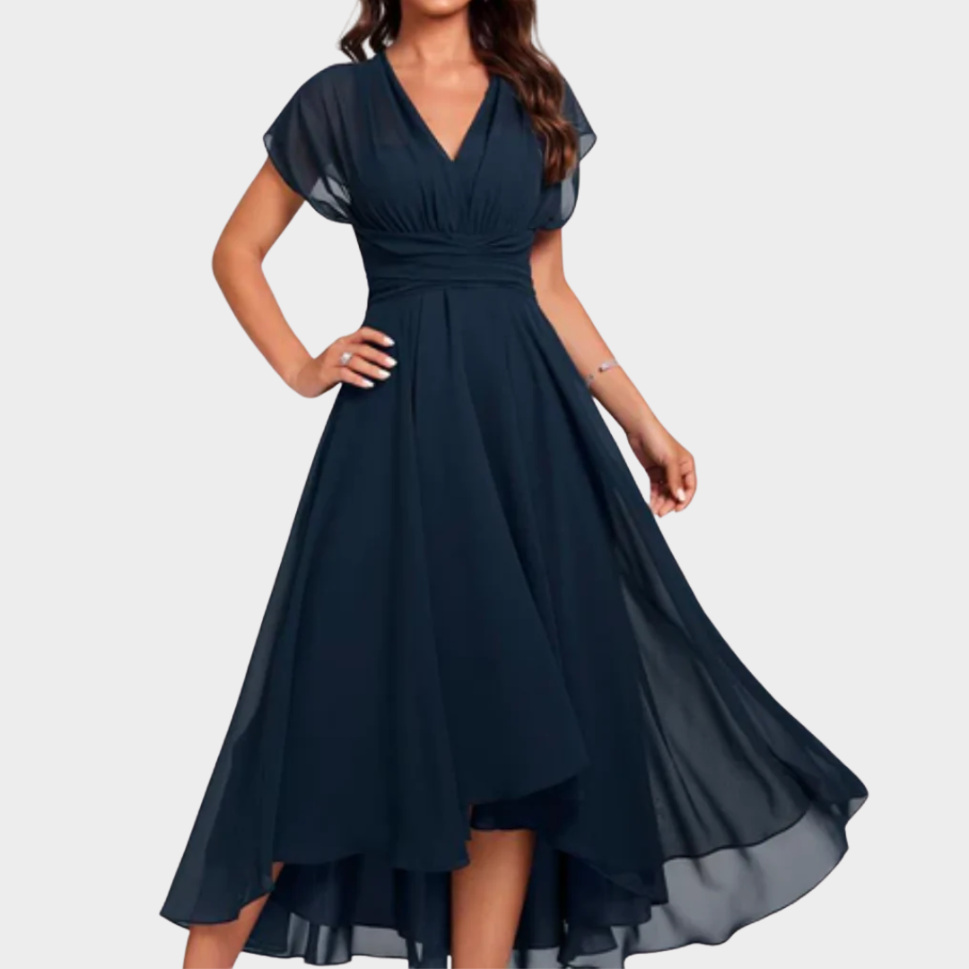Women A-Line Chiffon Dress – V-Neck Batwing Sleeve Irregular Hem Lightweight Fit – Navy Blue