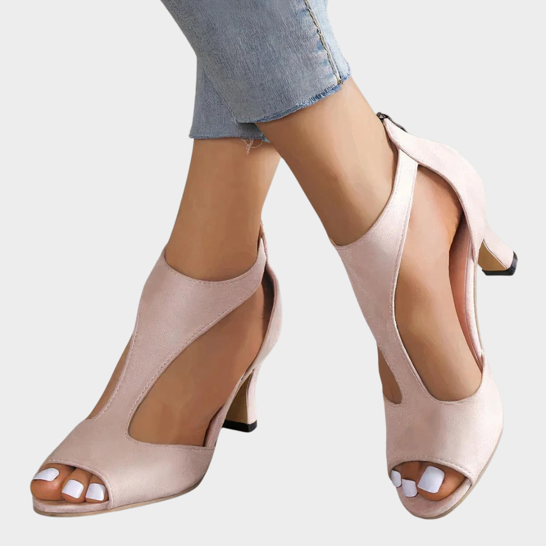 Women’s T-Strap High Heel Shoes – Faux Leather Round Toe Chunky French Heel – Zipper Back Closure – Multiple Colours