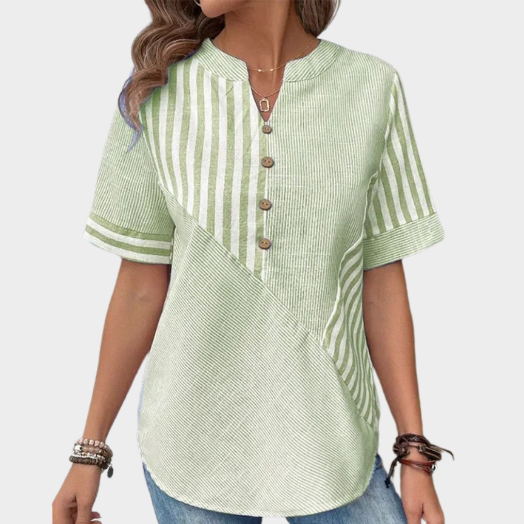 Women’s Striped Asymmetric Blouse – Short Sleeve Loose Fit Shirt – Cotton-Linen Blend Casual Top with Modern Print – Multiple Colours