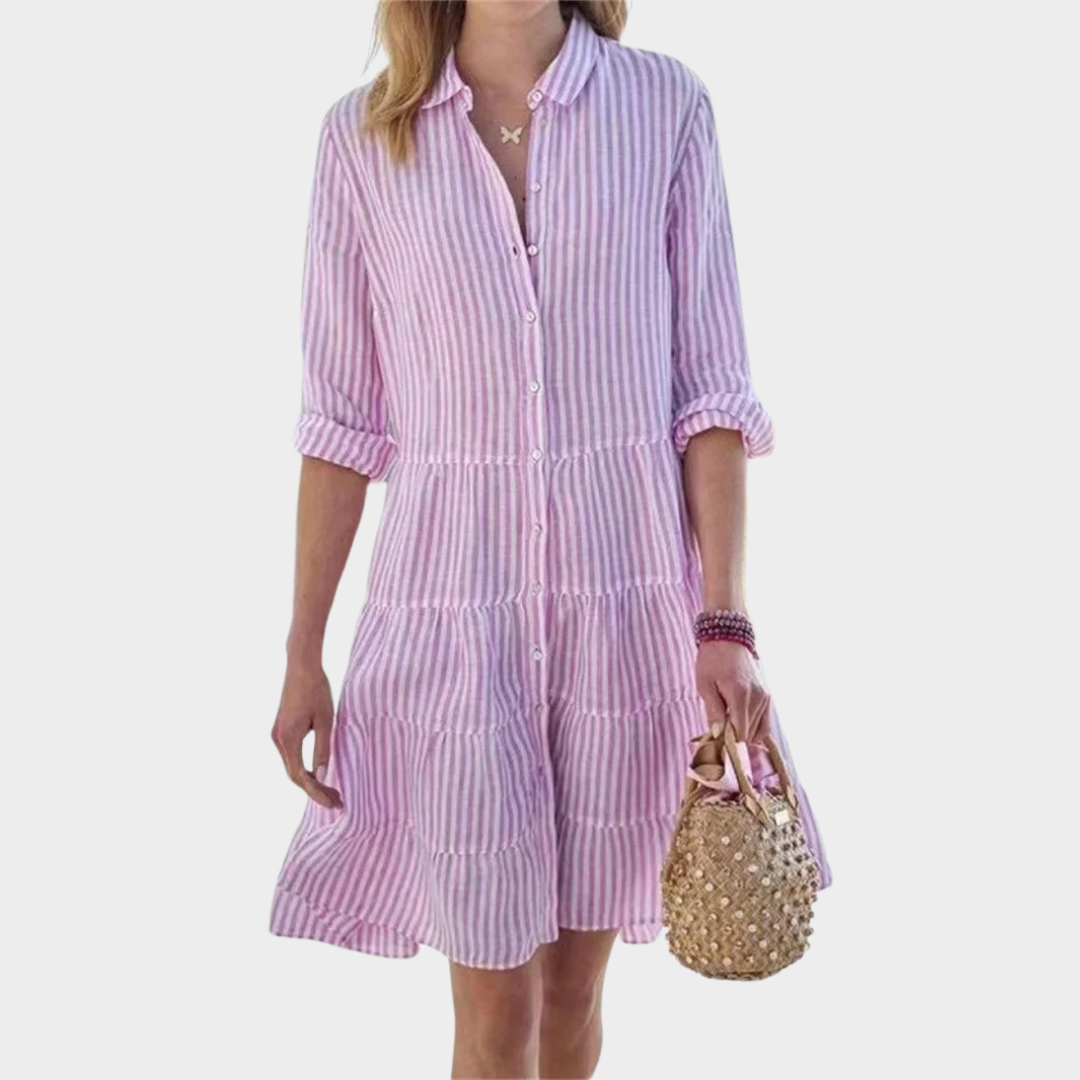 Women’s Long Sleeve Shirred Shirt Dress – Striped Lapel Design with Multi-Layer Patchwork Hem – Multiple Colours