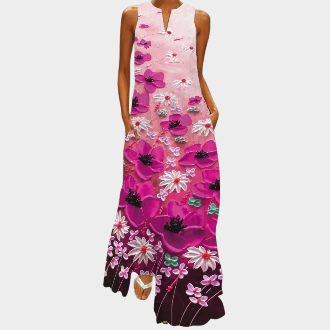 Women’s V-Neck Maxi Dress – Sleeveless – Elegant Vintage Print – Lightweight Material – Multiple Colours