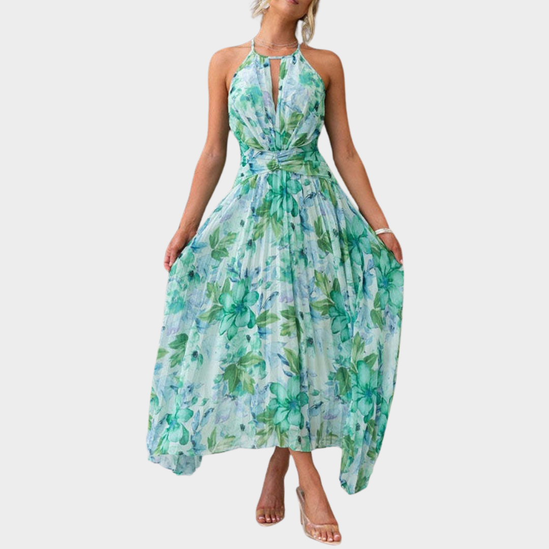 Women’s Halter Neck Backless Dress – Printed Sleeveless Fit with Irregular Hem – Lightweight Draped Fabric – Green