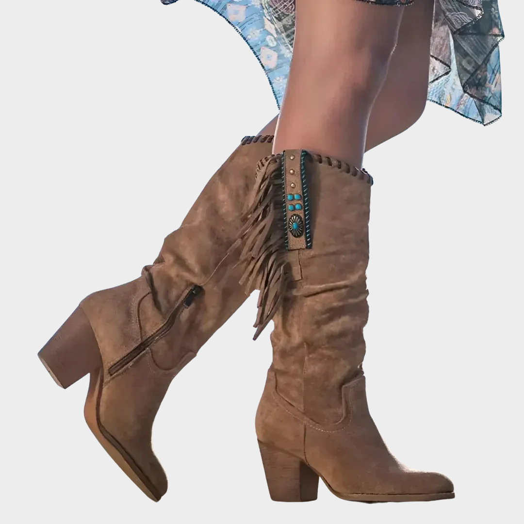 Women Western Cowboy Boots – Retro High Boots with Thick Heel and Metal Buckle – Pointed Toe Tassel Design – Multiple Colours