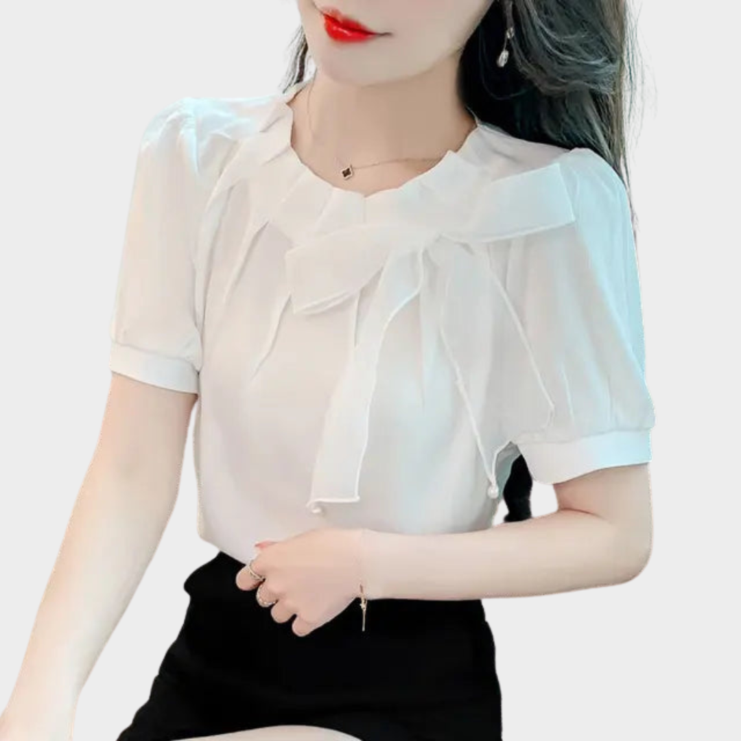 Women’s O-Neck Chiffon Blouse – Elegant Pleated Short Sleeve Top with Bow Detail – Lightweight Relaxed Fit Shirt – Multiple Colours