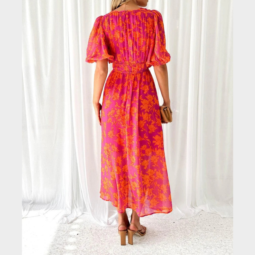 Women’s Floral Midi Dress – Puff Sleeves with V-Neckline and Elastic Waist – Pink Orange