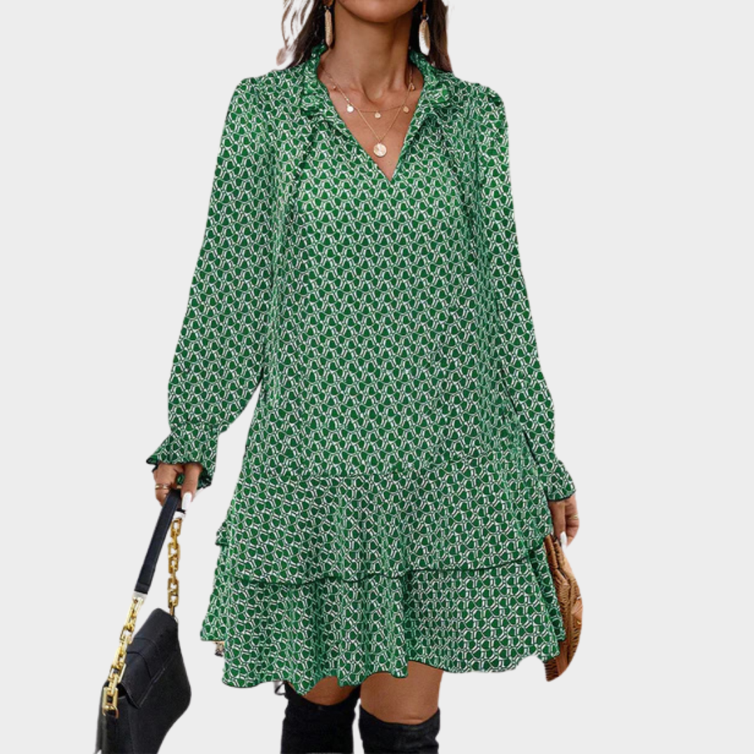 Women's Bohemian Tie-Up V-Neck Dress – Long Sleeve – Relaxed Fit – Lightweight Printed Fabric – Multiple Colours