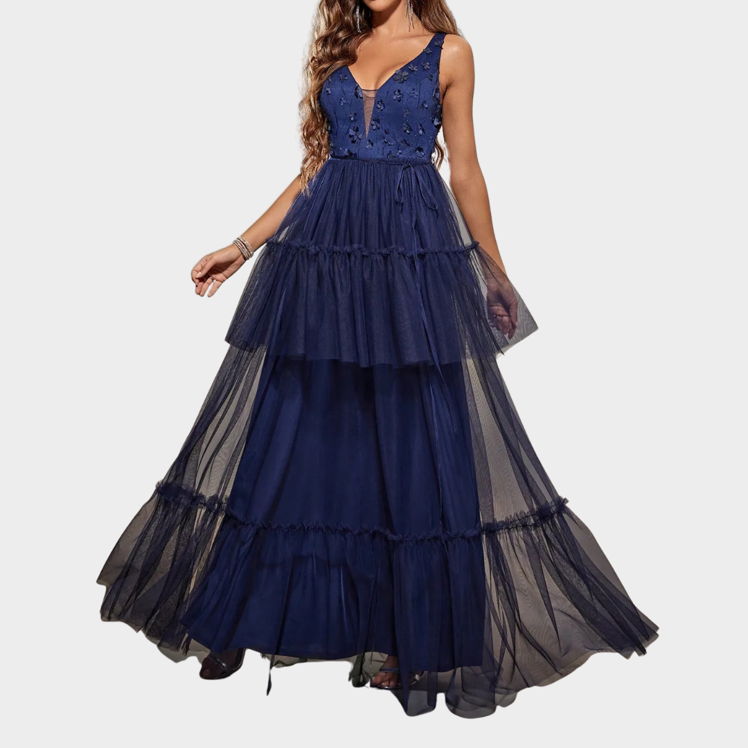 Women's Embroidered Mesh Evening Gown – V-Neck Multi-Layer Full Skirt Party and Ball Dress – Navy Blue