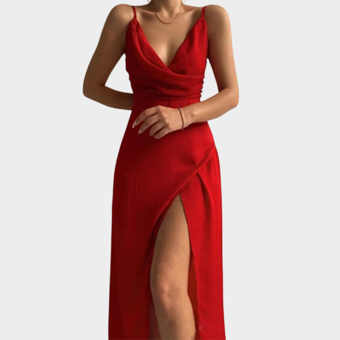 Women's Evening Maxi Dress – Sleeveless V-Neck High Waist Slit – Draped Halter Fit – Elegant Partywear – Soft Polyester – Multiple Colours