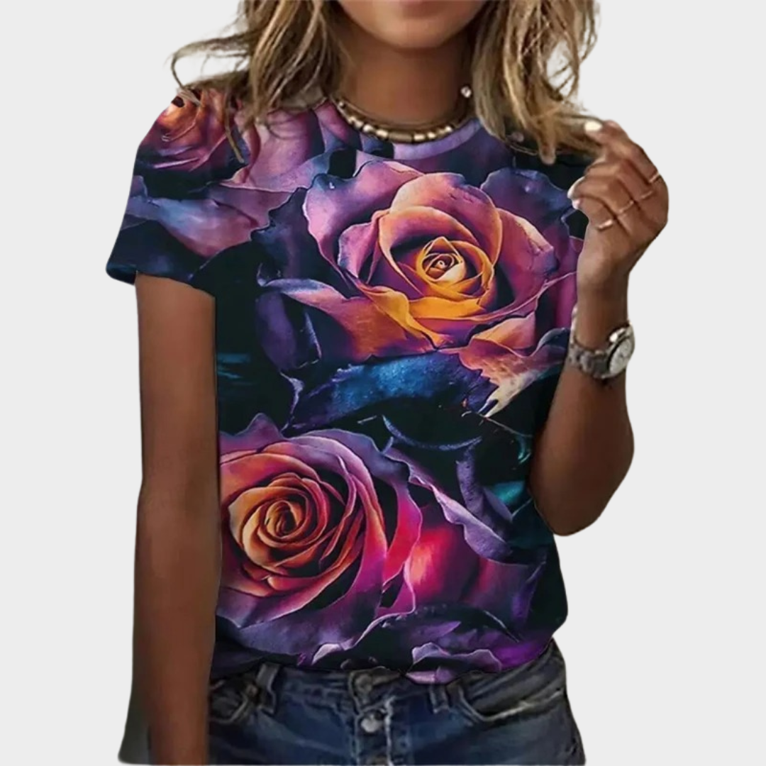 Women’s Floral 3D Print T-Shirt – Casual O-Neck Short Sleeve Tee – Lightweight Relaxed Fit Streetwear Top – Pink