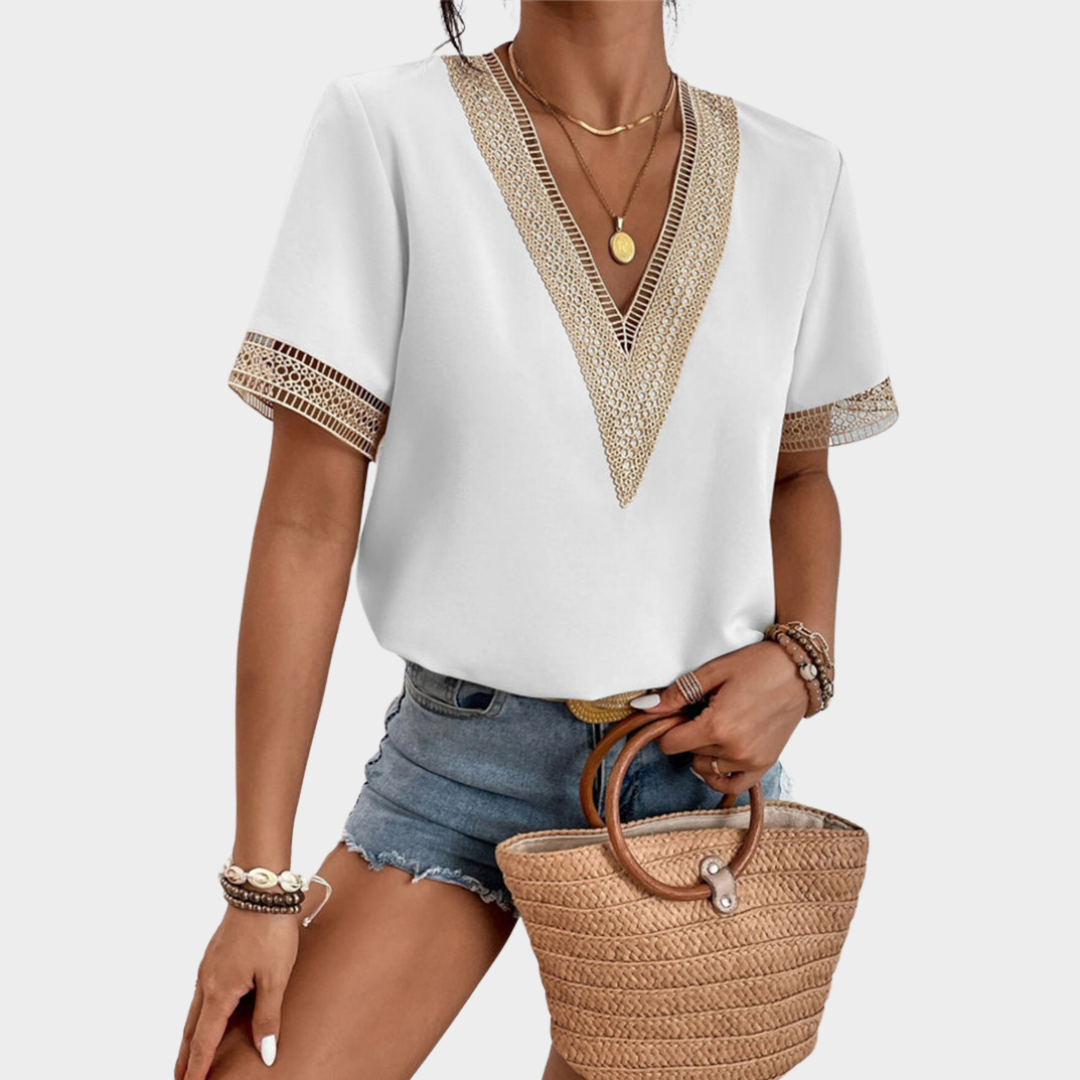 Women's V-Neck Lace T-Shirt - Short Sleeve - Slim Fit - Soft Fabric - Multiple Colours