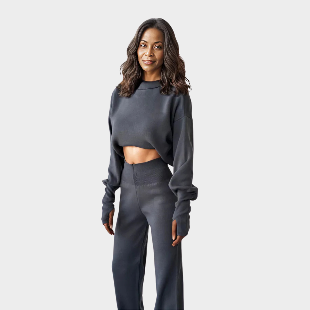 Women’s Two-Piece Knitted Set – High-Neck Sweater and Long Pants, Loose Fit, Soft Material