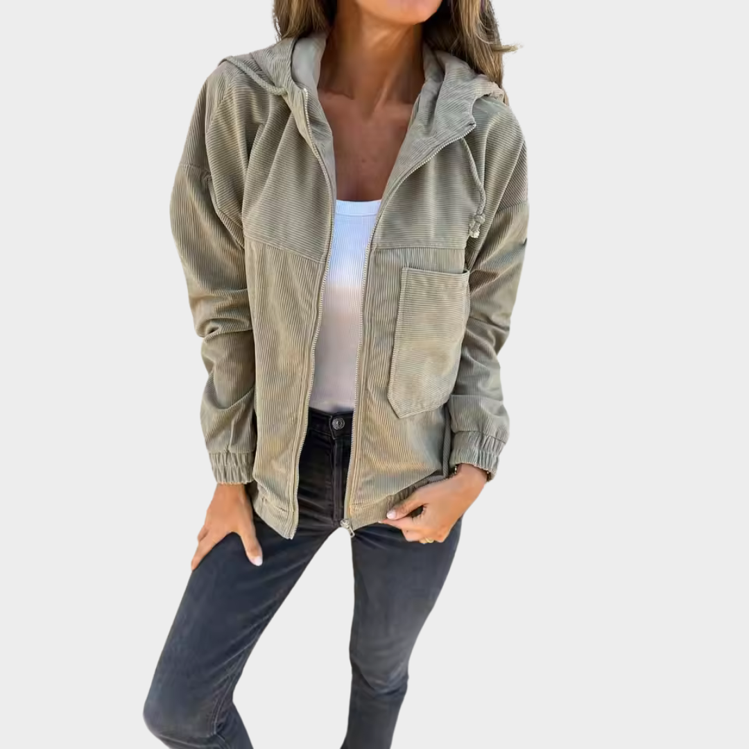 Women's Corduroy Hooded Jacket – Long Sleeve – Casual Zip-Up – Multiple Colours