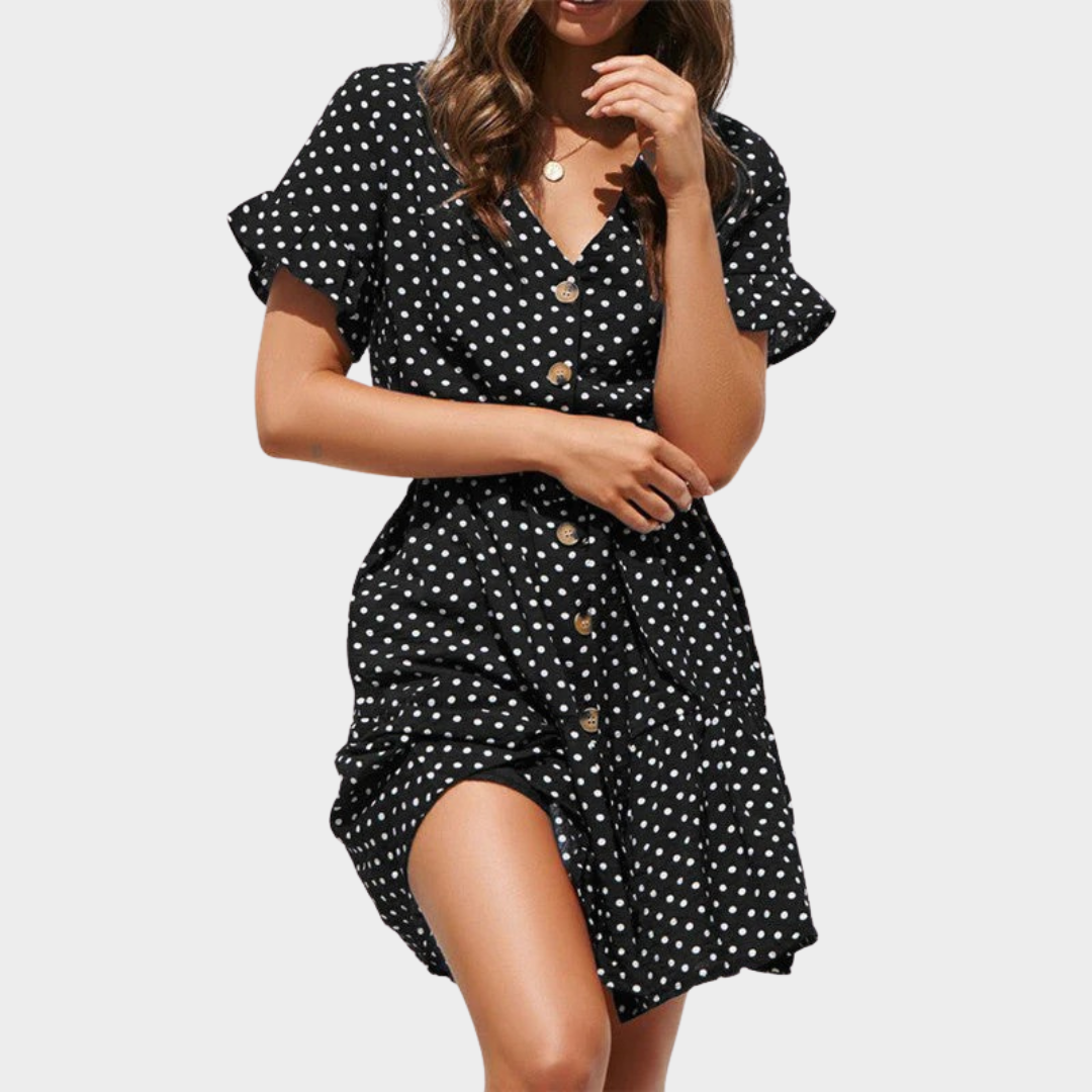 Women's Belted Dress – Short Sleeve Loose Fit with Polka Dot Print and Casual Style – Multiple Colours