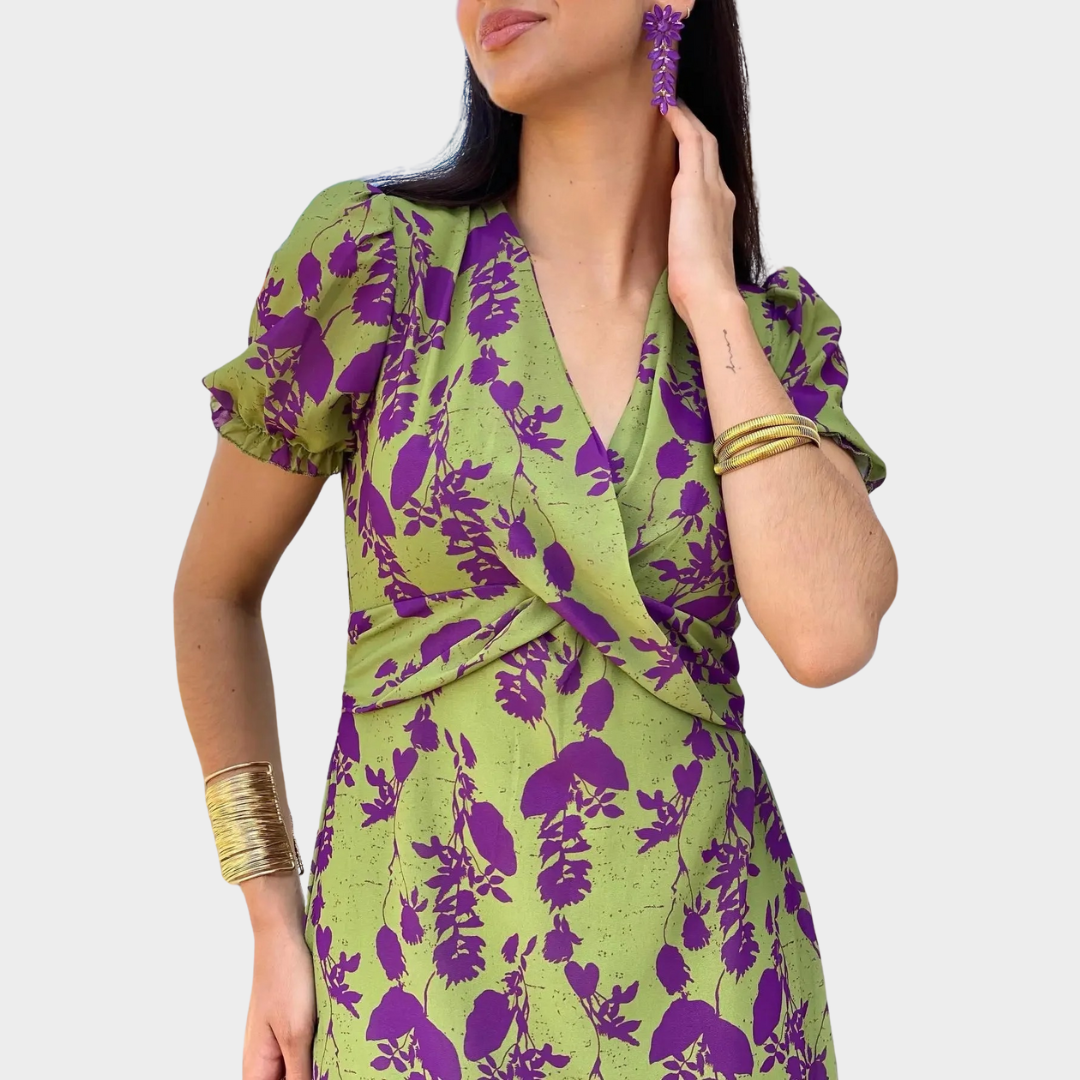 Women’s V-Neck Contrast Print Dress – Slim Short Sleeve Fit with Elegant Casual Style – Lightweight Soft Fabric – Green