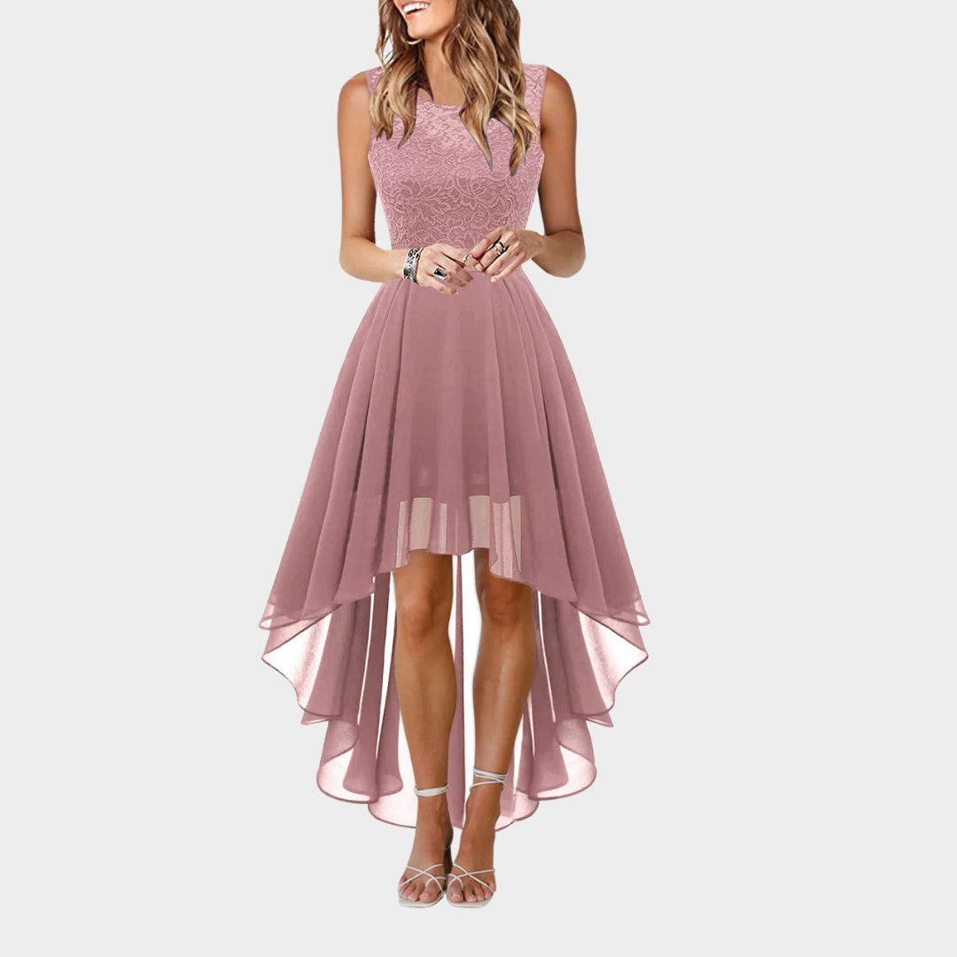 Women’s Sleeveless Party Dress – Vintage Lace Overlay – Elegant Irregular Hem – Flattering Fit for Bridesmaid or Evening Events – Multiple Colours