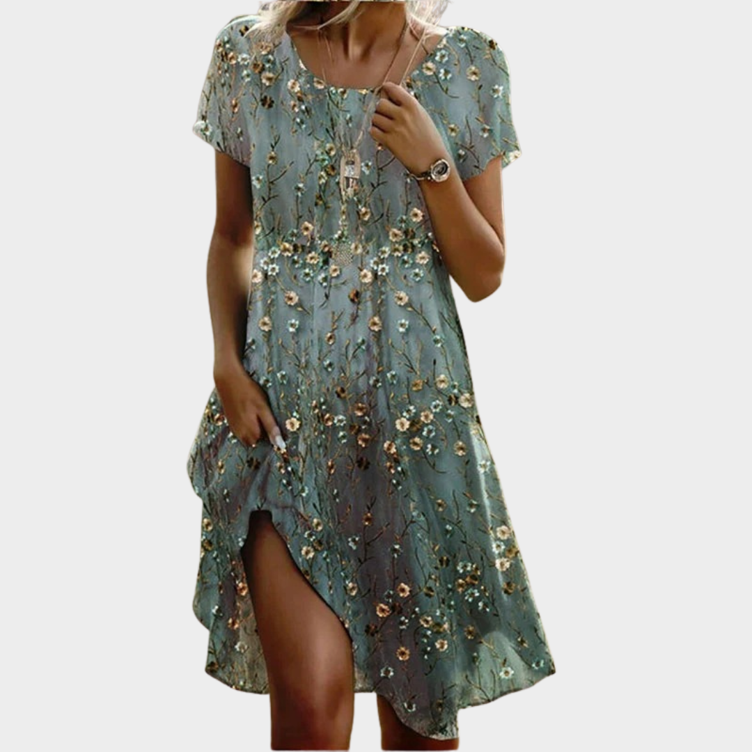 Women's Vintage Floral Print Dress – Short Sleeve Round Neck Cotton Polyester Knee Length – Blue