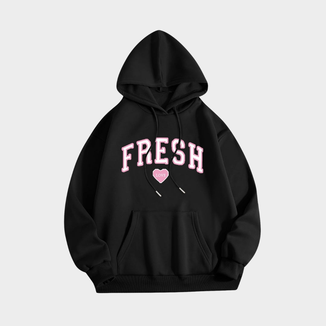 Printed Crew Neck Hoodie - Women’s Long Sleeve Hooded Sweatshirt in Multiple Colors (Black, Beige, Navy, and More)