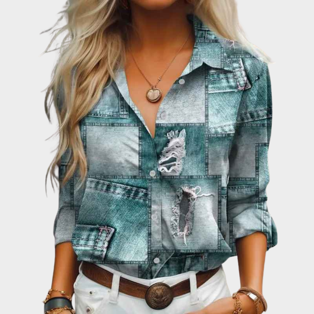 Women's Vintage Blouse - Long Sleeve Patchwork Shirt - Casual Loose Fit - Imitation Denim Print - Multiple Colours