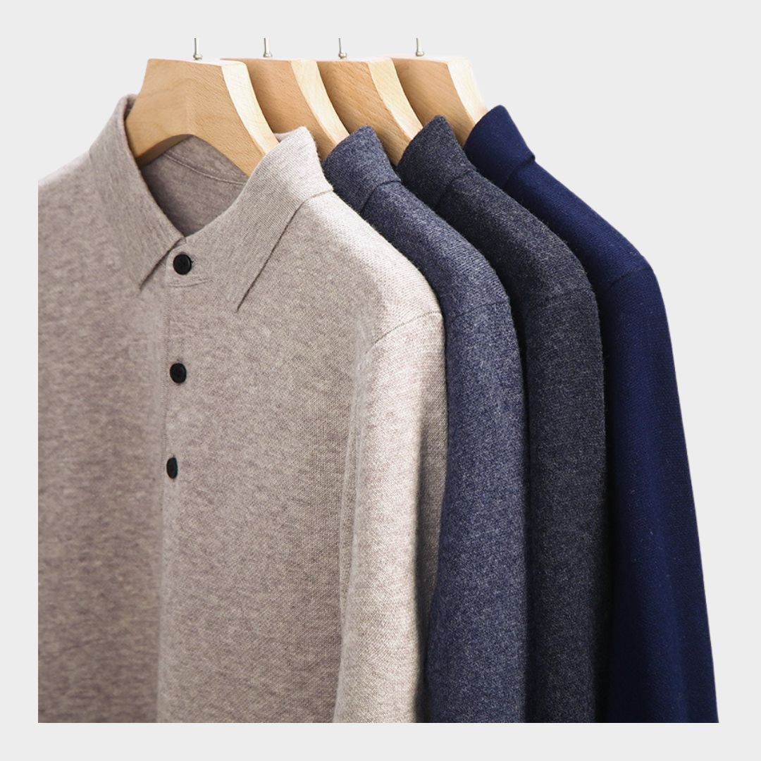 Soft Cashmere Sweater for Men – Polo Collar Knitted Pullover, Business Casual (Grey, Black, Camel)