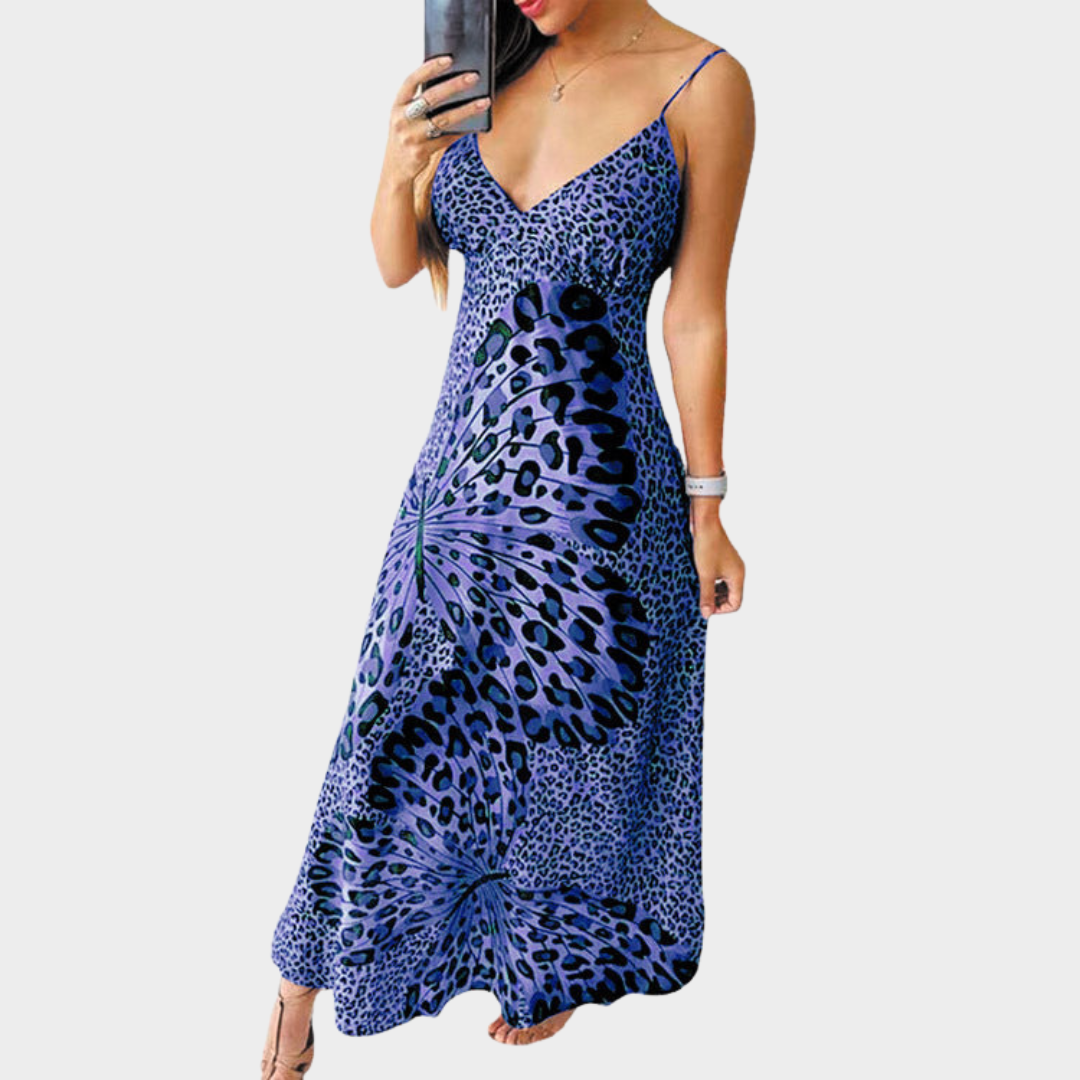 Women's Maxi Dress – Leopard & Butterfly Print – V-Neck Corset – Sleeveless – Multiple Colours