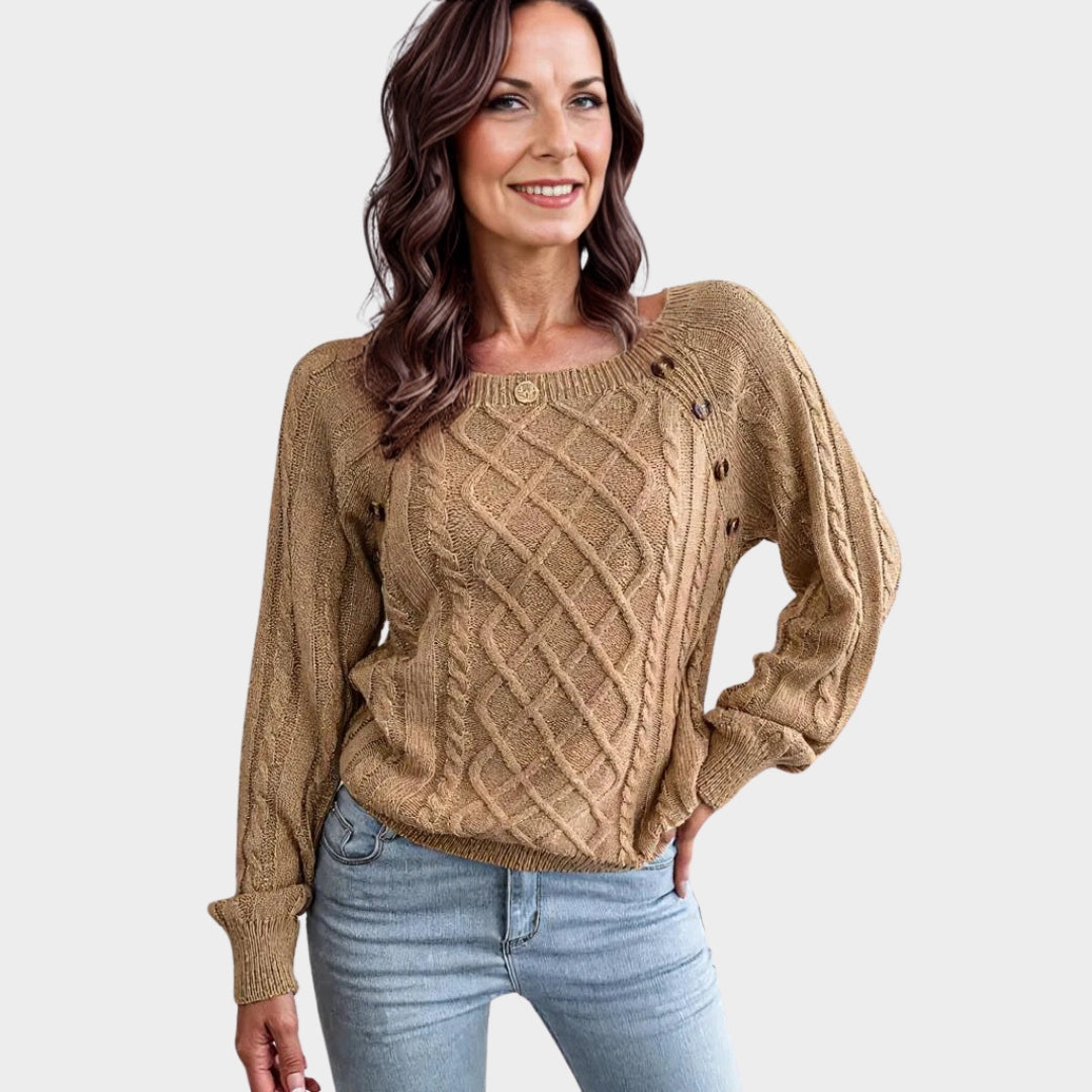 Women’s Cable Knit Sweater – Square Neck, Button Detail, Ribbed, Long Sleeve, Solid Color Pullover