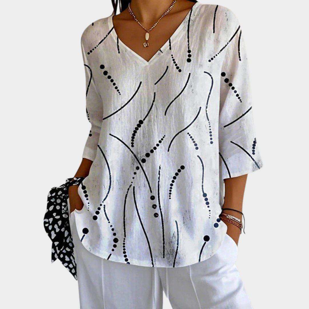 Women's Vintage Casual T-Shirt – Printed V-Neck Three-Quarter Sleeve Cotton Polyester – White