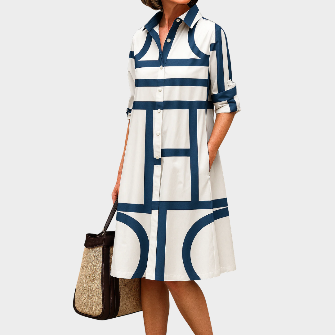 Women’s Elegant Midi Shirt Dress – Structured A-Line Silhouette with Geometric Print and Button Front – White