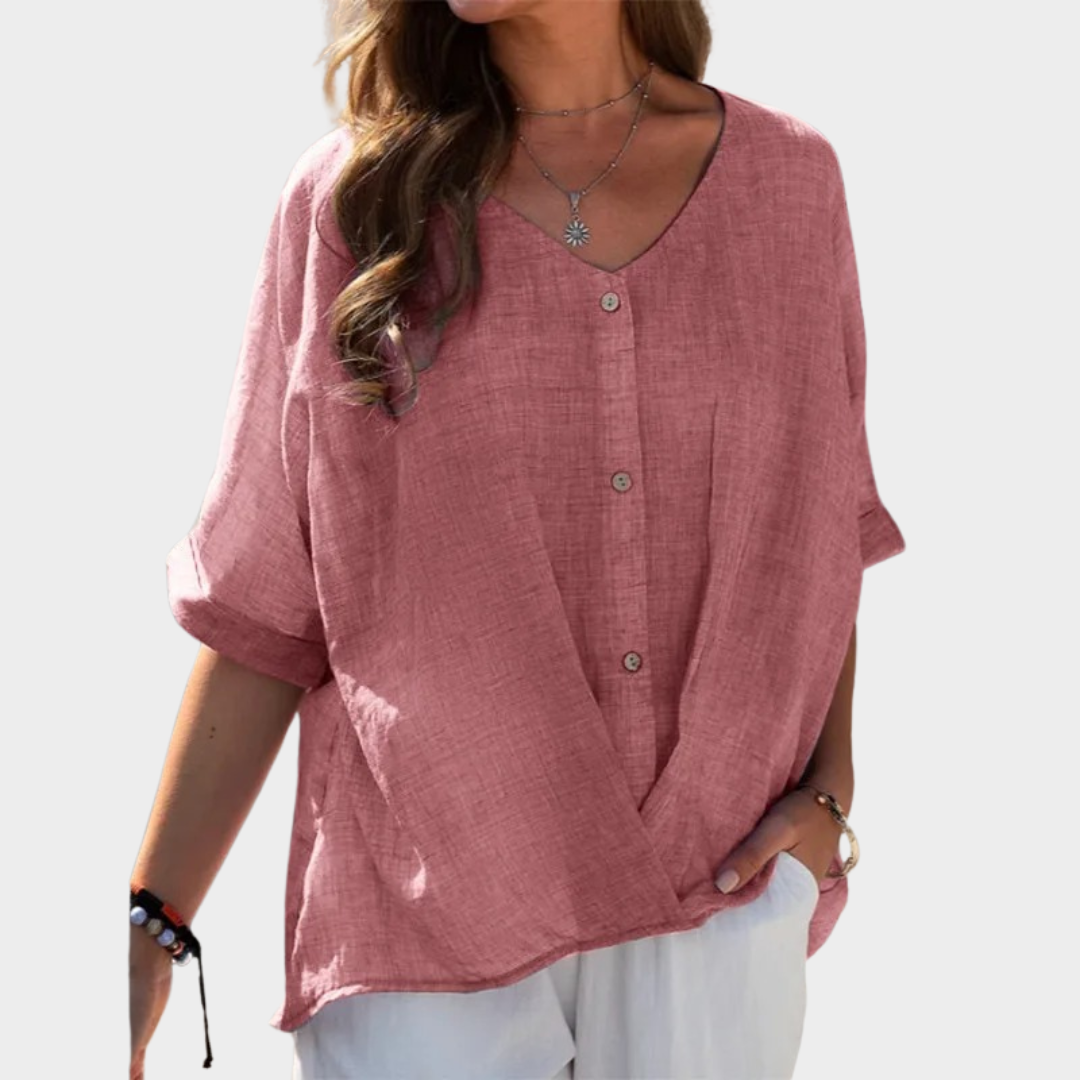 Women’s V-Neck Blouse – Relaxed Fit Button Front Top – Half Sleeve Design – Lightweight Breathable Blend – Multiple Colours
