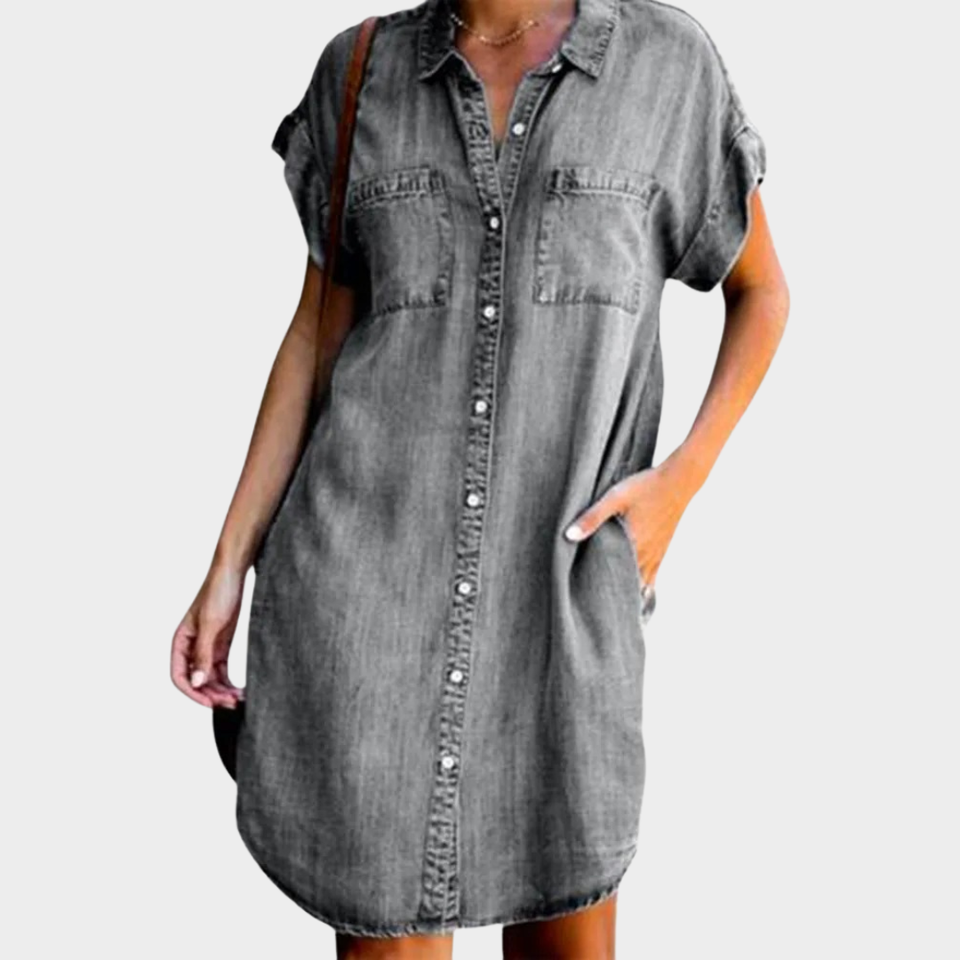Women’s Casual Denim Shirt Dress – Relaxed Fit – Button-Up – Pocket Detail – Retro Office Style – Multiple Colours