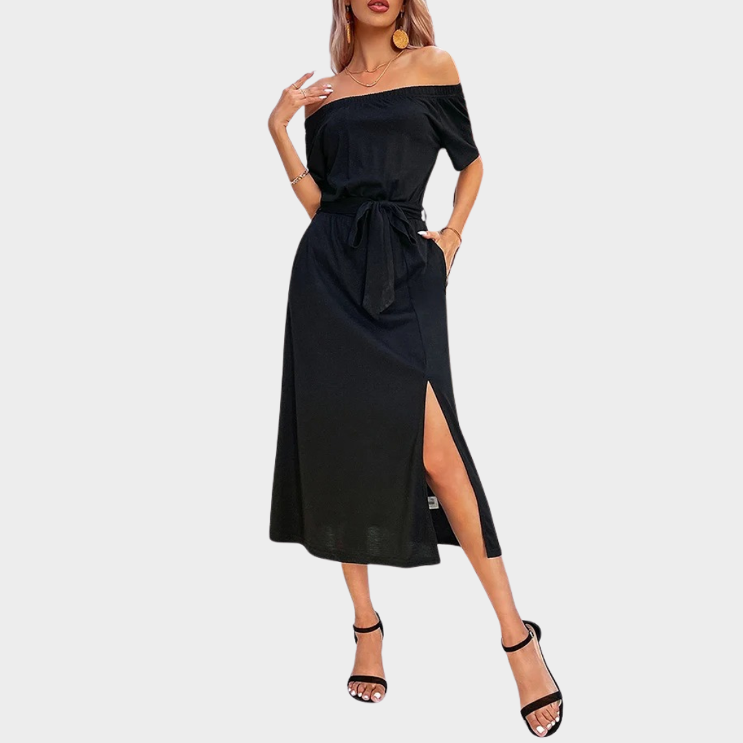 Women’s Short Sleeve Slash Neck Dress – Slim Casual Fit with Solid Colour Style – Soft Stretch Fabric – Black