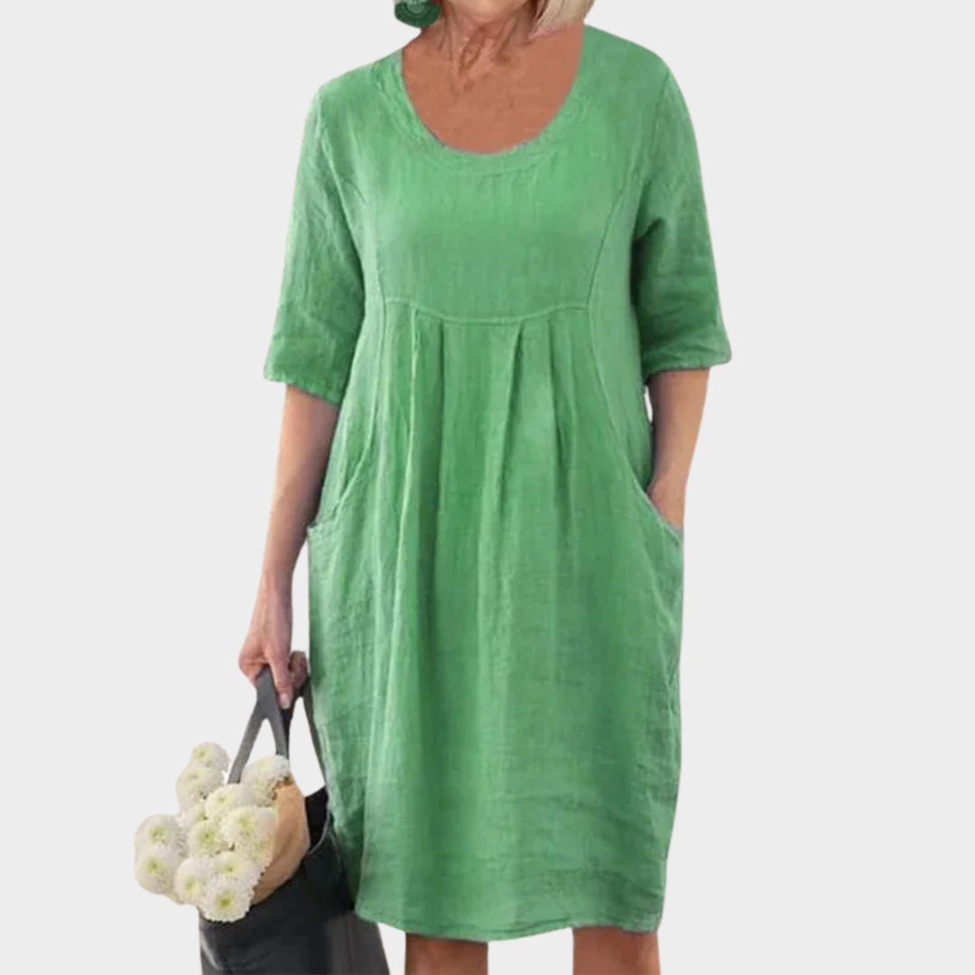 Women Oversized Pocket Dress – Loose Fit Cotton Linen Short Sleeve O-Neck Design – Multiple Colours