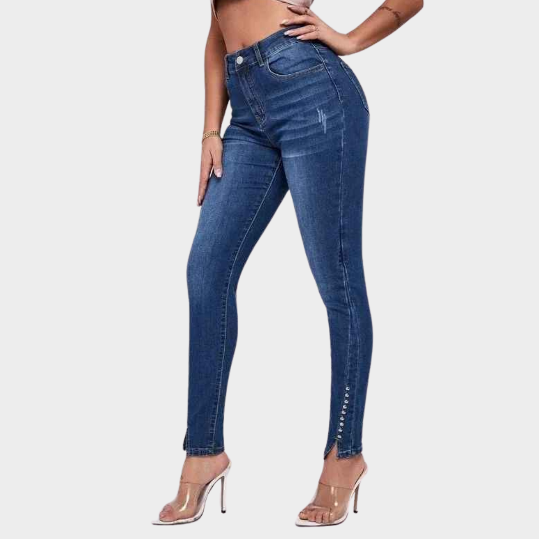 Women's High-Waist Skinny Jeans - Slim Fit Stretch Denim - Printed Pencil Trousers - Dark Blue