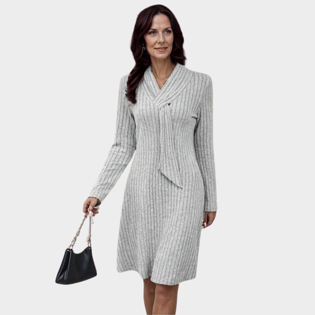 Women’s Grey Long Sleeve Knitted Dress – Close-Fitting Waist, Elegant, Feminine Autumn Winter Wear