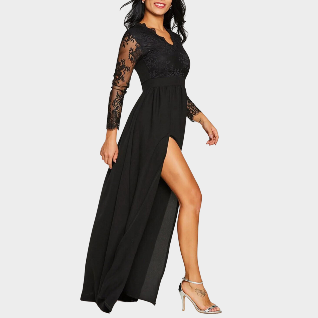 Women’s V-Neck Lace Party Dress – Elegant Long Fit – High Split Detail – Mesh Jacquard Fabric – Lightweight Formal Style – Black
