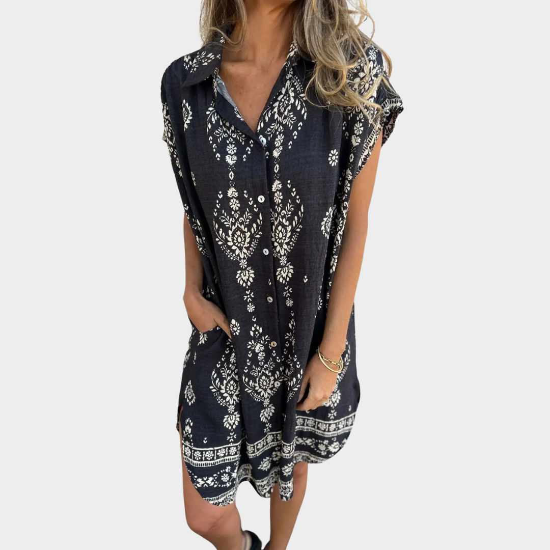 Women Shirt Dress – Loose Fit Printed Design with Turn-down Collar and Pocket – Soft Fabric – Multiple Colours