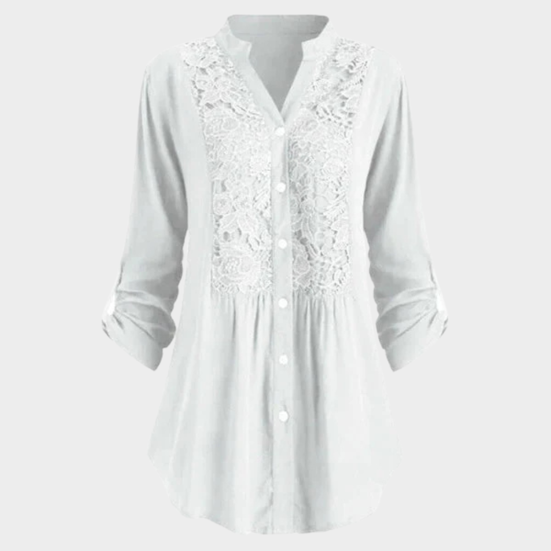 Women's Lace V-Neck Shirt – Loose Fit – Button Down – Long Sleeve Blouse – Elegant Casual Wear – Multiple Colours