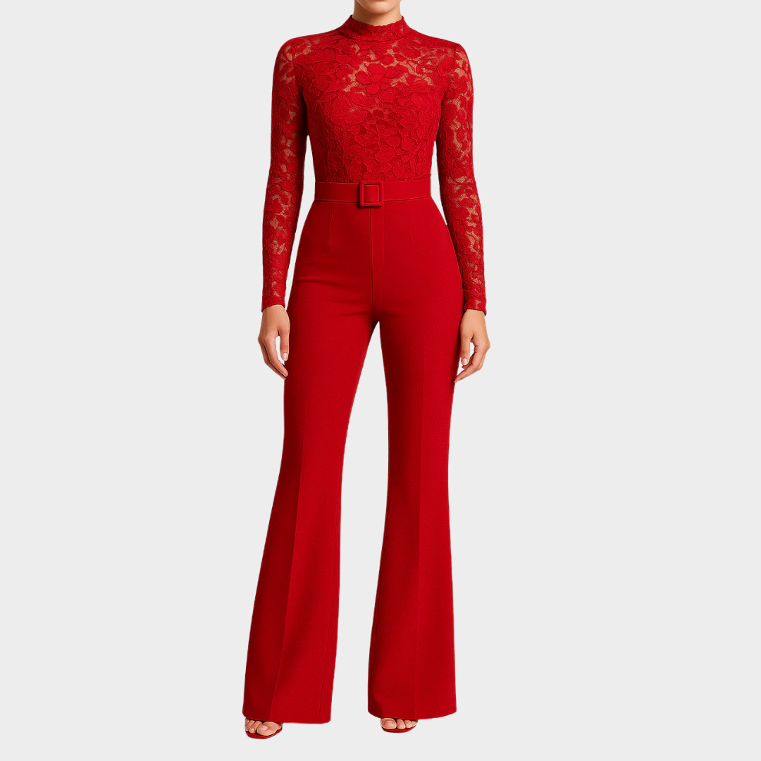 Women's Tailored Fit Jumpsuit – Lace Long Sleeve Top with Belted Waist and Flared Legs – Red