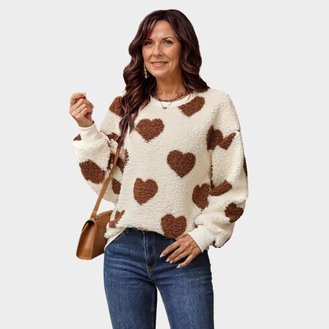 Autumn & Winter Women’s Loose Fit Love Print Sweater - Long Sleeve Round Neck Plush Knit, Red, Black, Khaki