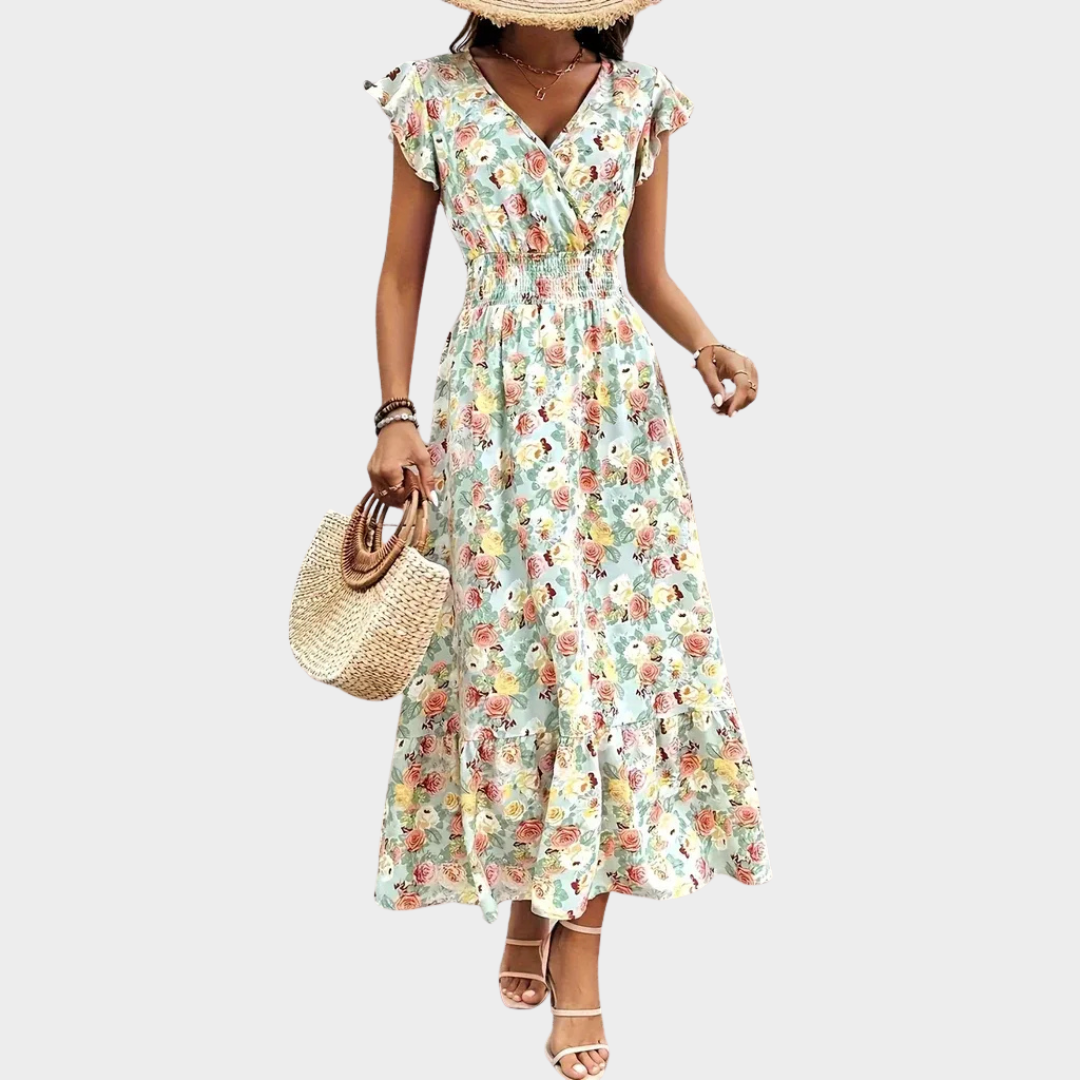 Women's Floral Print Maxi Dress – V-Neck Tiered Skirt with Flutter Sleeves in Cotton Blend – Multiple Colours